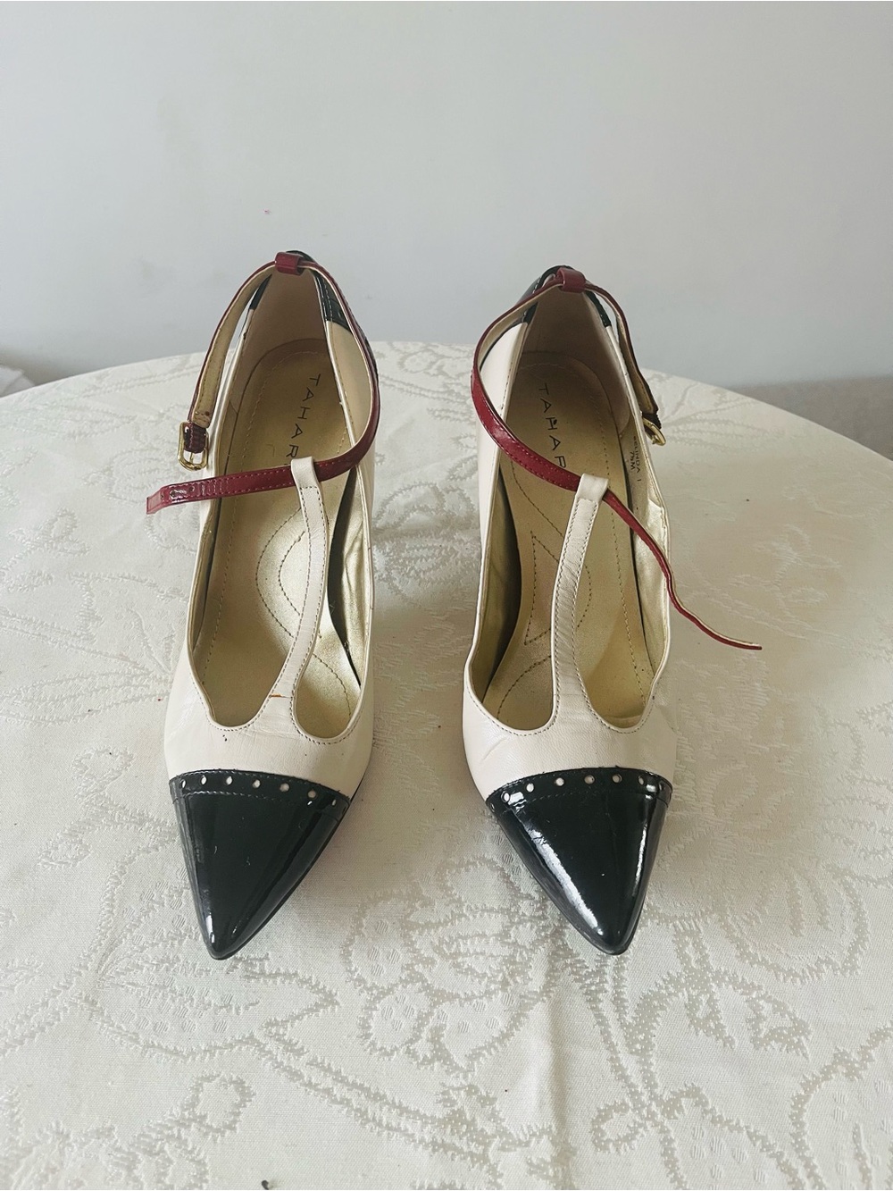 Tahari Two-Tone Pointed T-Strap Pumps in Cream, Black & Burgundy